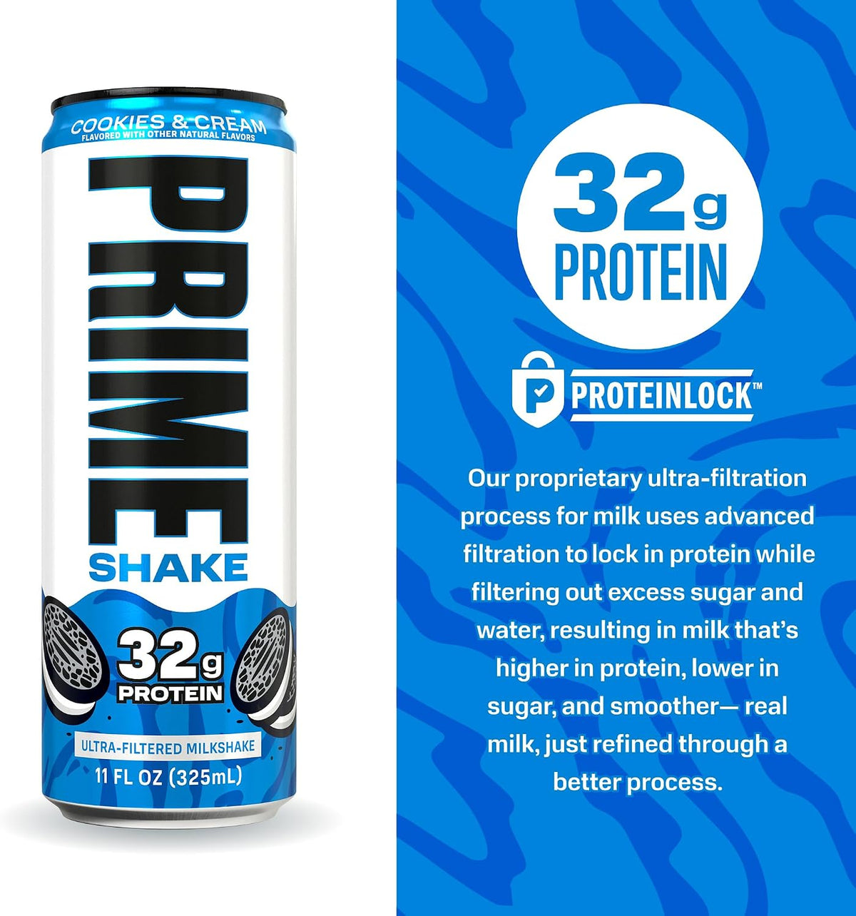 PRIME Shakes, Cookies & Cream, 32g Protein Shake for Muscle Support & Recovery, Ultra-Filtered Milk, Lactose Free, Low Sugar, Low Calorie, Ready to Drink, 11 fl oz, 12 Pack