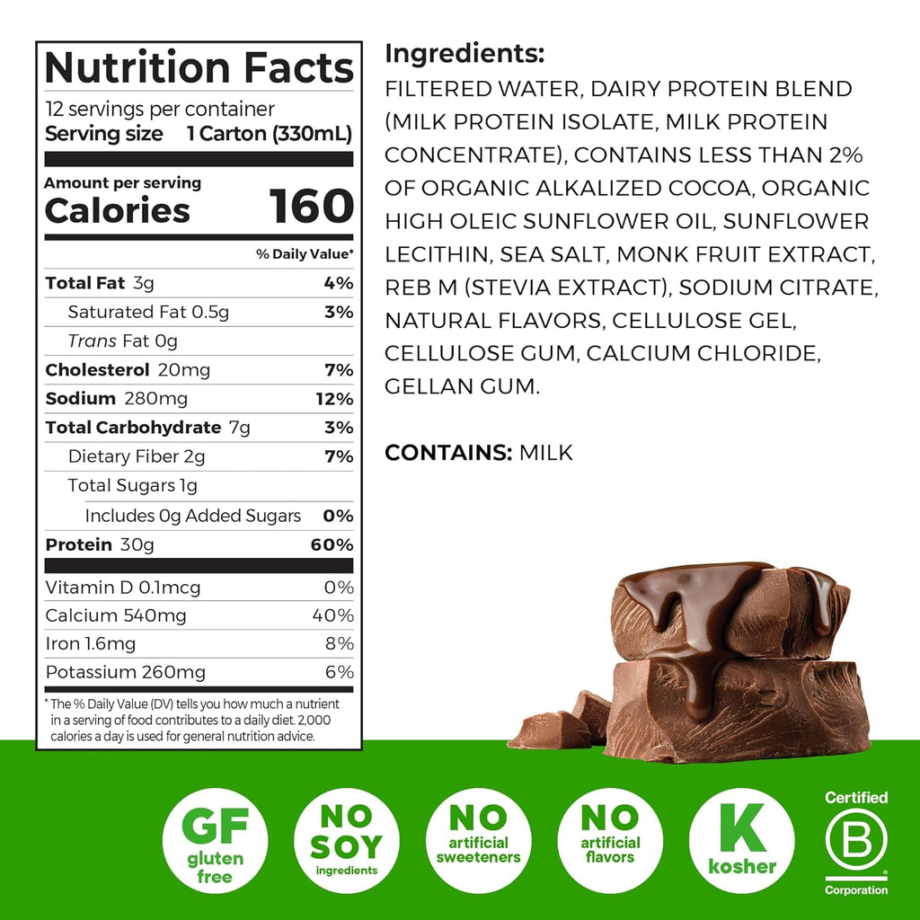 Orgain 30g High Protein Dairy Shake, 5g BCAAs, Chocolate, 11 oz, 12pk