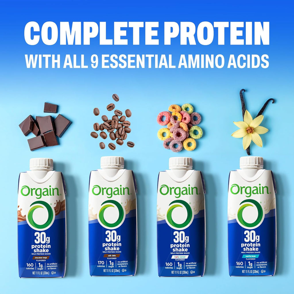 Orgain 30g High Protein Dairy Shake, 5g BCAAs, Chocolate, 11 oz, 12pk